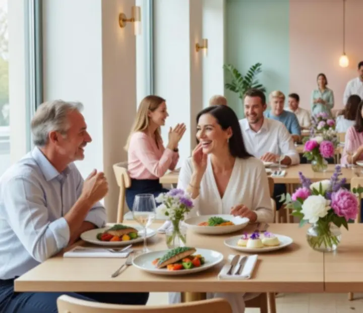 Jasne, eleganckie wnętrze restauracji NAXSOL ENTERPRISES LTD z gośćmi przy wspólnej kolacji