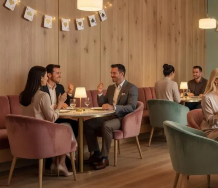 Eleganckie wnętrze restauracji NAXSOL ENTERPRISES LTD z pastelową, minimalistyczną aranżacją