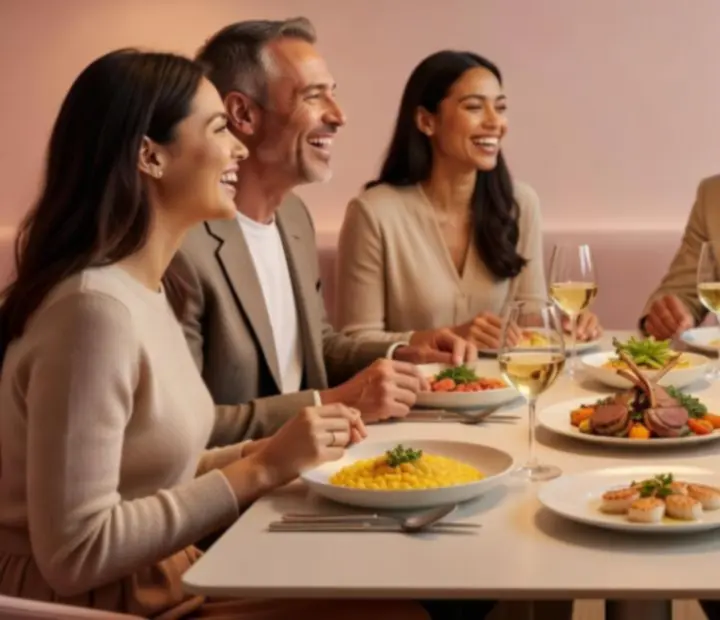 Rodzinna kolacja w restauracji NAXSOL ENTERPRISES LTD przy jasnym, kameralnym stole