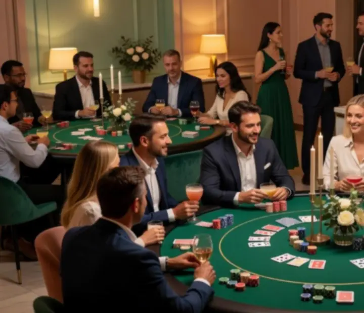 Rozświetlona sala restauracyjna NAXSOL ENTERPRISES LTD przygotowana na wieczór kasyno z eleganckimi stołami pokerowymi i gośćmi w wieczorowych strojach