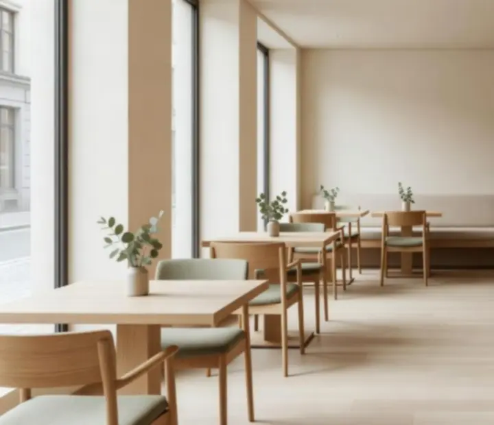 Jasne, kameralne wnętrze restauracji NAXSOL ENTERPRISES LTD w pastelowej aranżacji